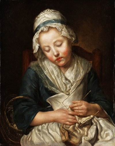 Tricoteuse endormie (Beim Stricken eingeschlafenes Mädchen) von workshop of Jean Baptiste Greuze